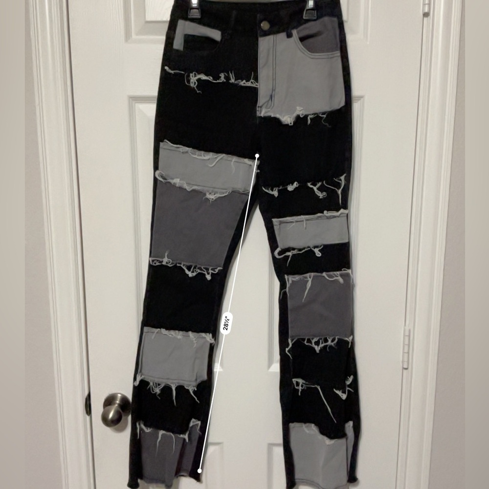 Black and Gray Distressed Patchwork Jeans